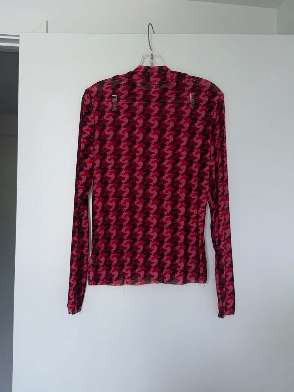 AFRM Los Angeles Pink and Black Houndstooth Mesh Long Sleeve Mock Neck Top XL - Picture 3 of 9